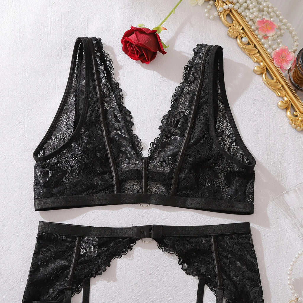 Lace see-through body shaping sexy three-point bra split three-piece set
