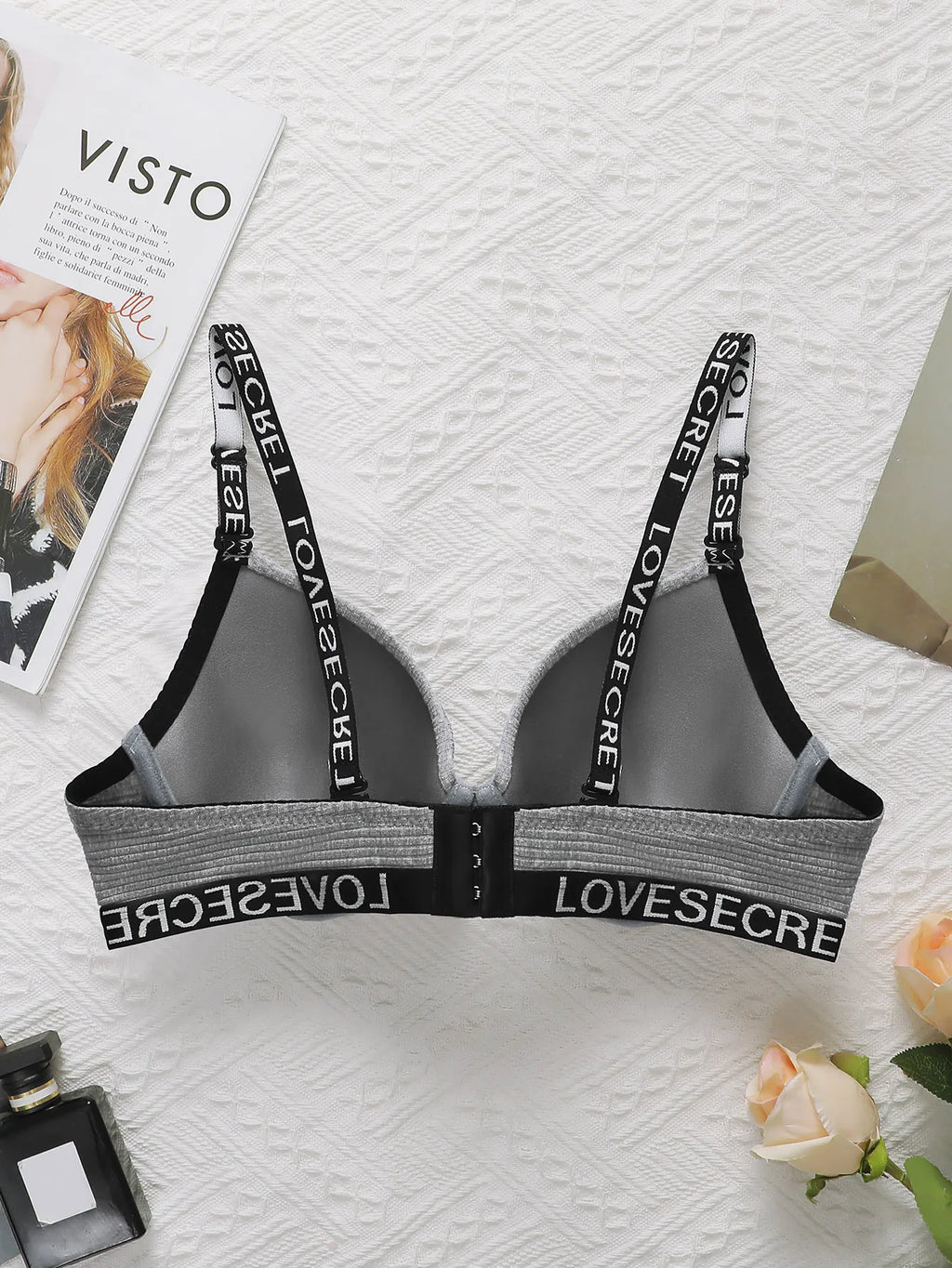 Women's Grey Bra With Letter Band Design 3/4 cup Pull Up Sexy Lingerie Solid Color All Season Brassiere R8809