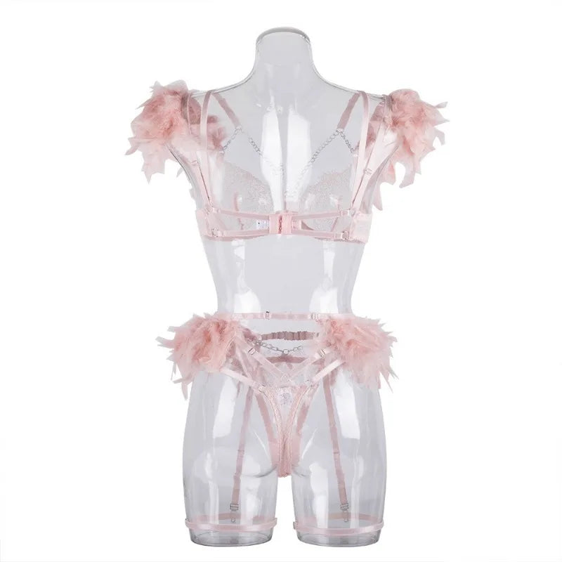 Toucheart 4 Piece Set Fun Lingerie For Women Feather Lace Splicing Chain Sexy Slim Mesh See-Through Sexy Lingerie Garters Suit