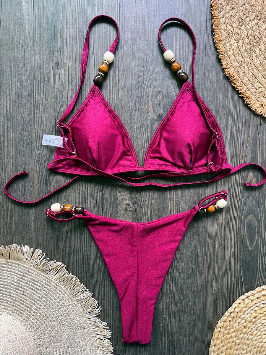 Beads Cross Bandage Bikinis 2026 Bikini Women Swimwear Female Swimsuit Two-pieces Bikini Set Push Up Bra Bathing Suit Swim Lady