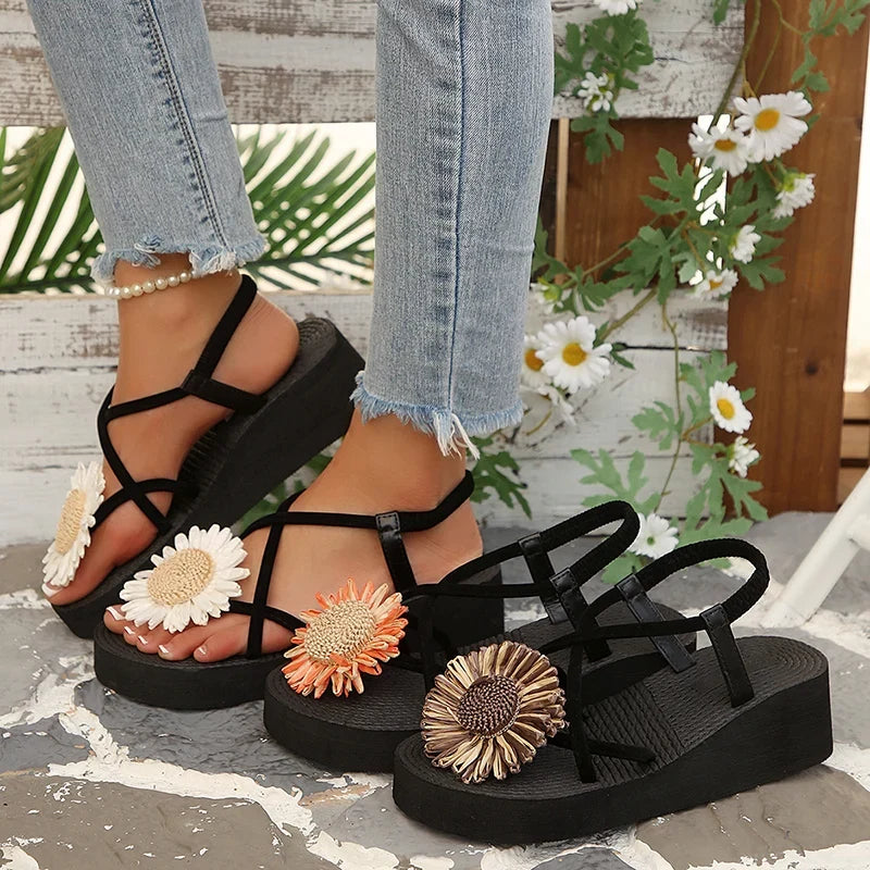 Summer Thick Bottom Bohemian Sandals Women Flowers Decor Non Slip Platform Beach Sandles Woman Plus Size 42 Light Eva Sandals