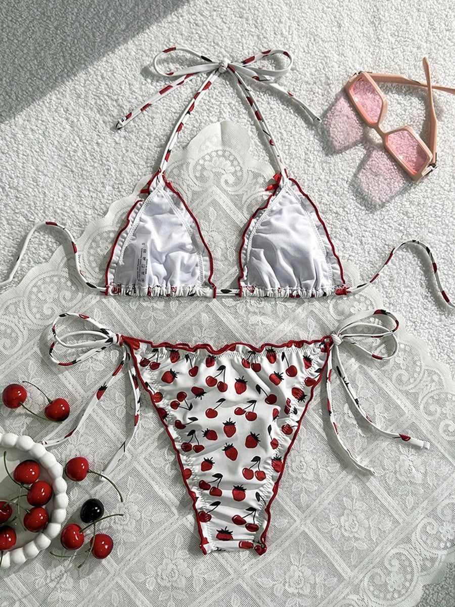 Cherry Print Halter Ruffled Frill Bikini Women Swimwear Female Swimsuit Two-pieces Bikini Set Bather Bathing Suit Swim Beachwear