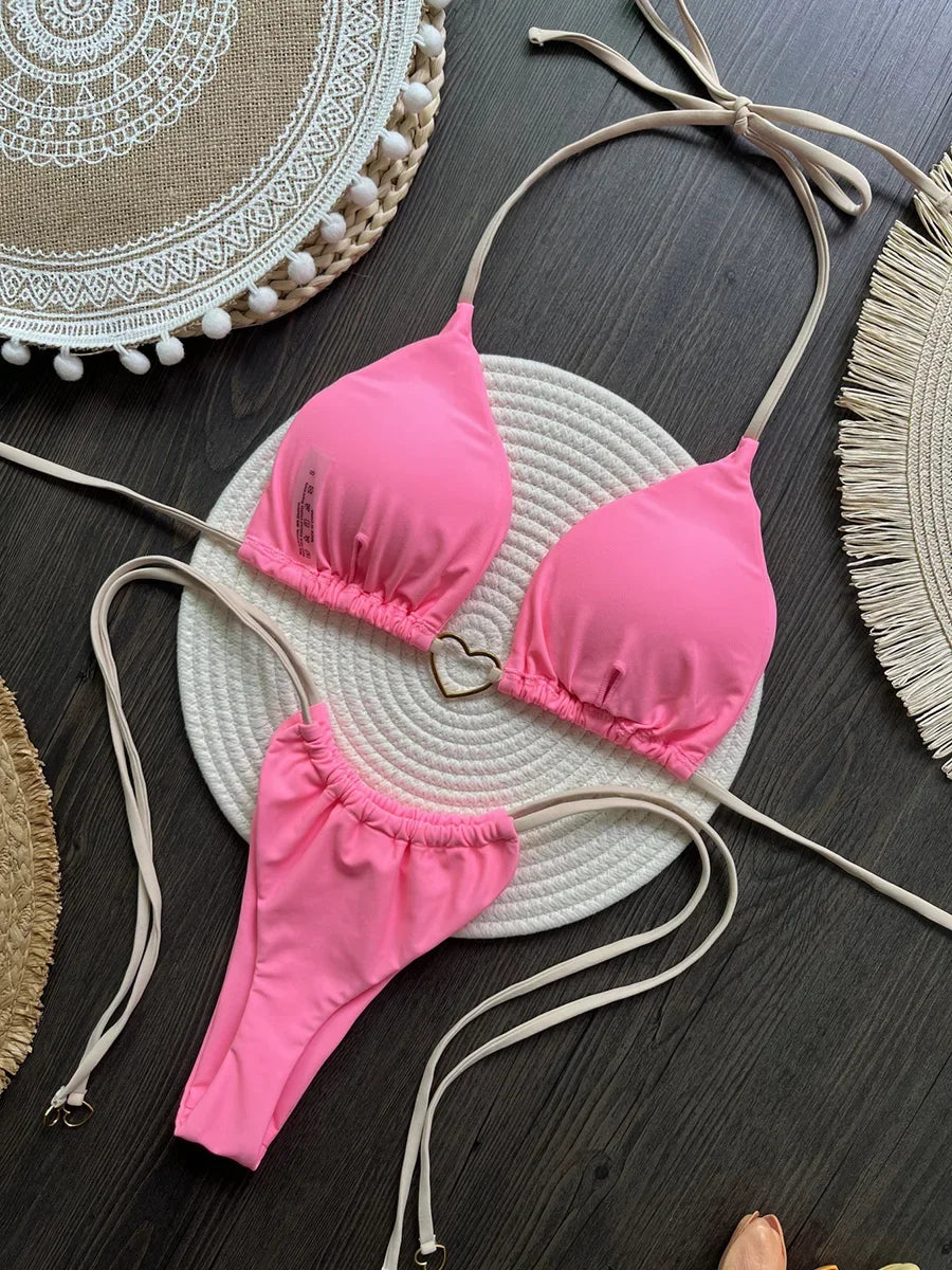 Metal Heart-shaped Halter Mini Micro Thong Bikini Female Swimsuit Women Swimwear Two-pieces Bikini Set Bather Bathing Suit Swim