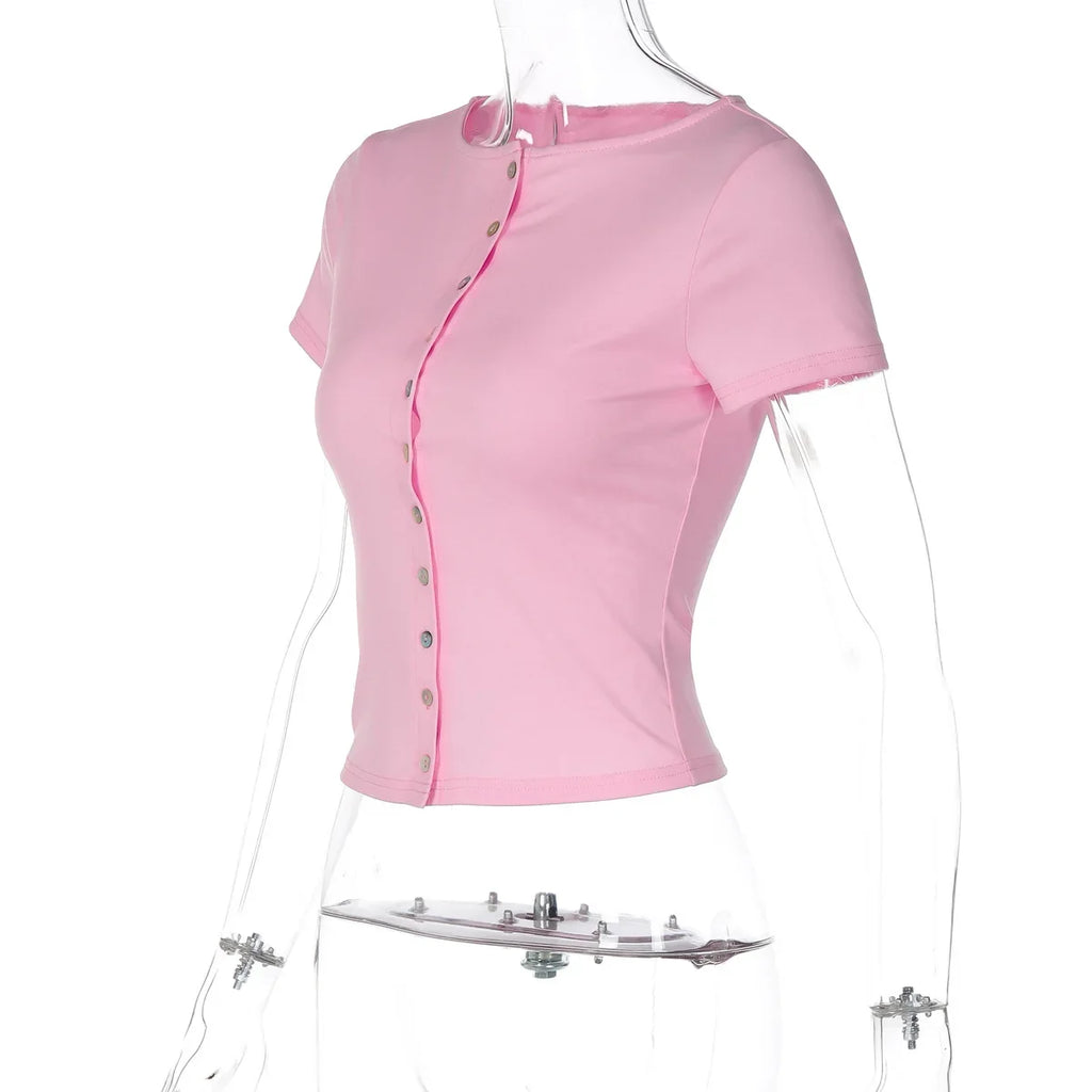 FDYOUI Pink T-shirts 2026 Summer Woman Clothes O-neck Single Breasted Cardigan Tops Female Short Sleeve Slim T Shirt Streetwear