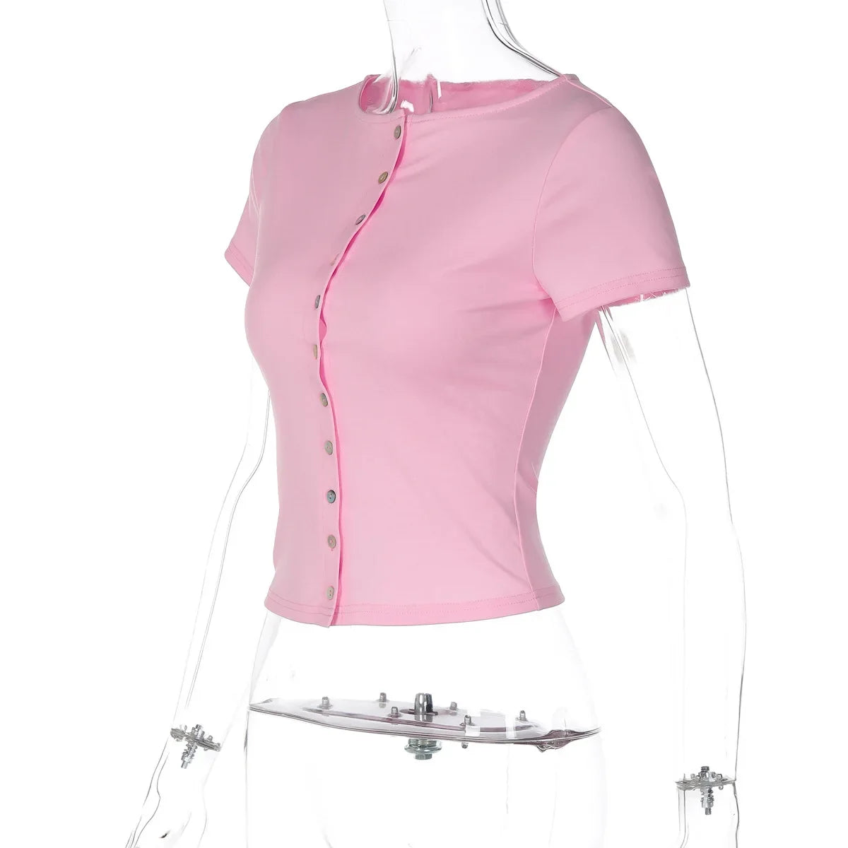 FDYOUI Pink T-shirts 2026 Summer Woman Clothes O-neck Single Breasted Cardigan Tops Female Short Sleeve Slim T Shirt Streetwear