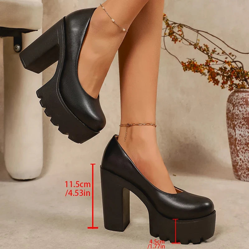 2026 Fashion Chunky Platform Pumps Women Black Super High Heels Pu Leather Loafers Woman Plus Size 43 Office High Heel Shoes