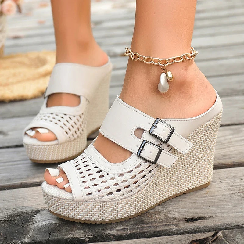 Hollow Out Chunky Wedges Sandals Women Fashion Buckle Peep Toe Super High Heels Sandals Woman Plus Size 43 Platform Slippers