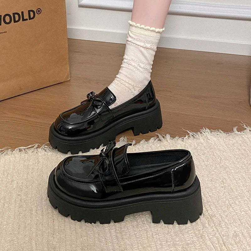 2025 Bowknot Decor Platform Loafers Women Fashion High Heel Jk Pu Leather Shoes Woman Korean Slip On Thick Sole Shoes Female