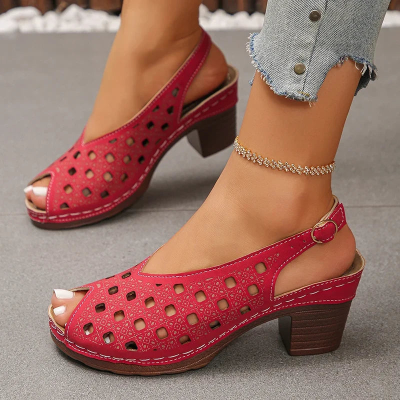 Vinatge Peep Toe Thick Heels Sandals Women Hollow Out Back Strap Rome Sandles Woman Plus Size 43 Lightweight Sandalias Mujer