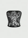 Women Gothic Print Tube Top Summer Y2K Clothes Sleeveless Off the Soulder Crop Top Streetwear