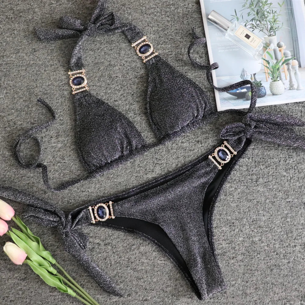 4 Colors Sexy Bikini Women Solid Shining Swimwear Swimsuit Crystal Diamond Female Bandage Halter Beach Bikinis Set Bathing Suit