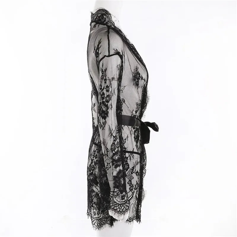 See Through Lace Babydoll Women Sexy Lingerie Erotic Transparent V-Neck Nightwear Robe G-string Robe Sleepwear Dress