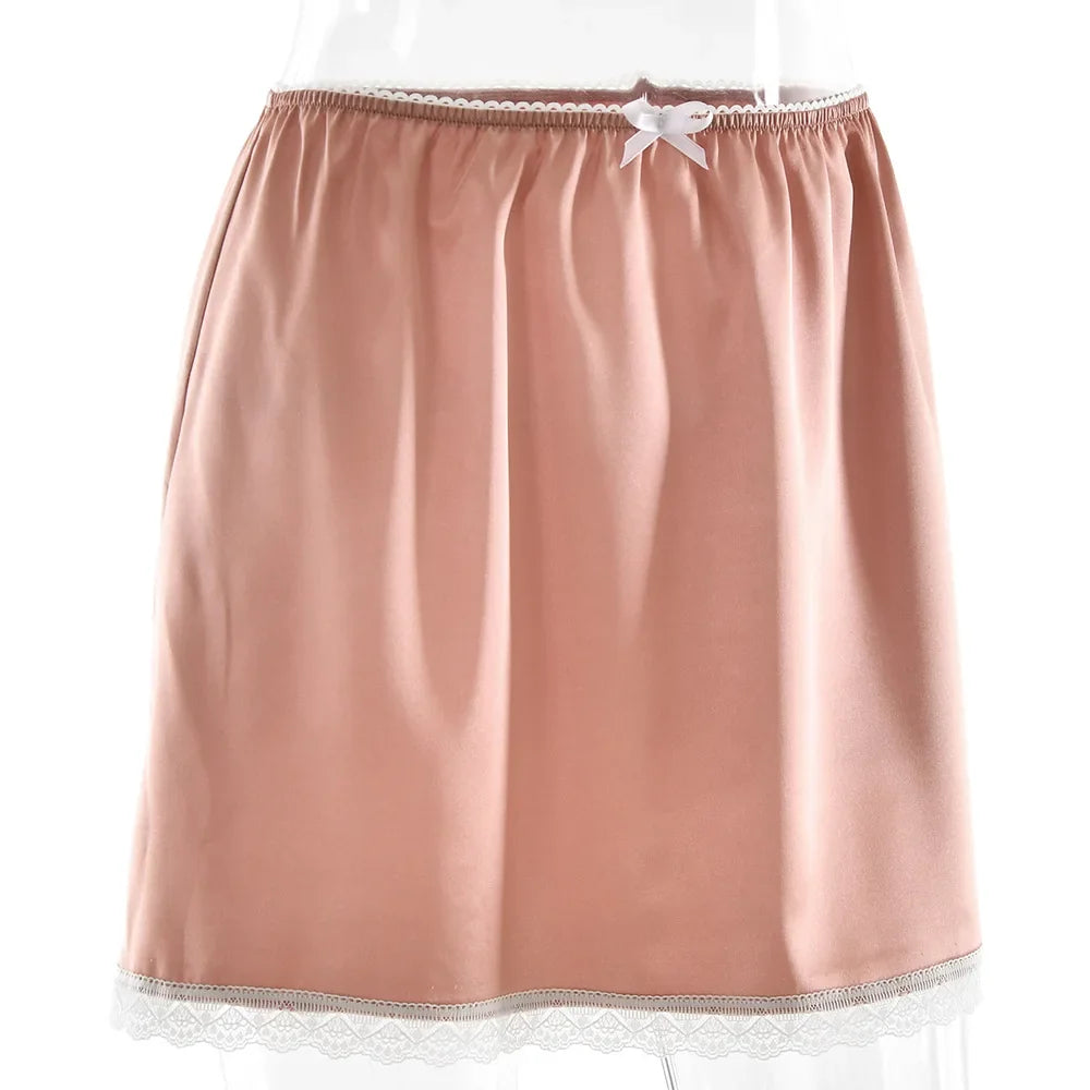 FDYOUI 2026 Summer Bowknot Lace Patchwork Satin Skirts for Women Casual Girls Clothes Sexy High Waist Short Skirt Y2K Streetwear