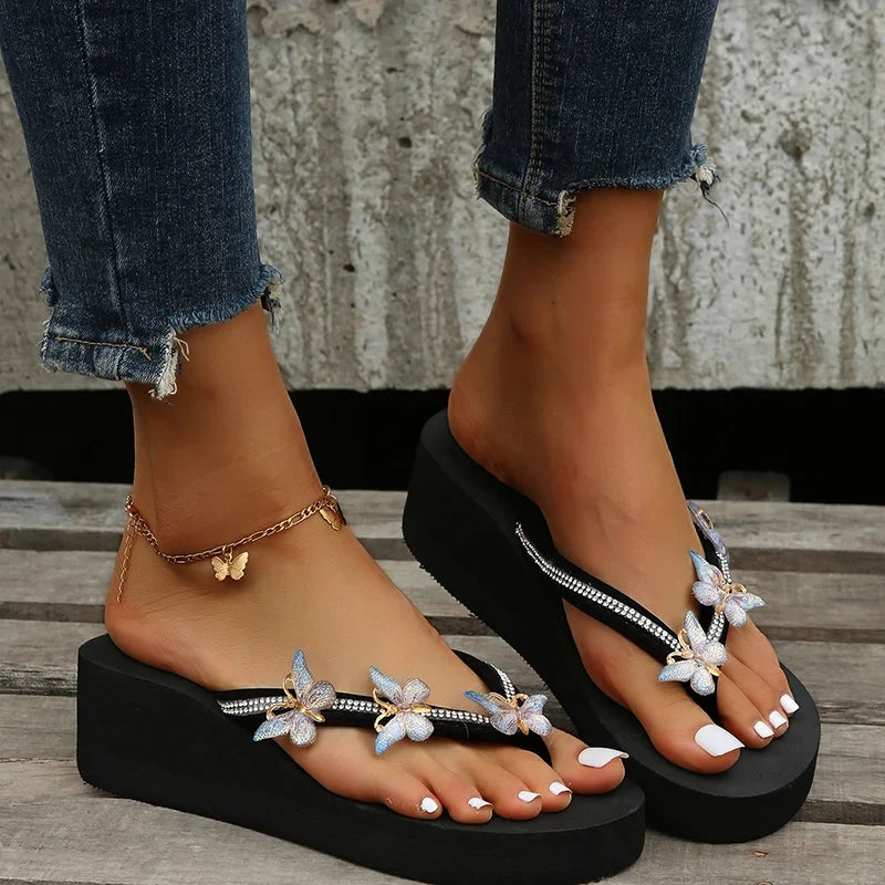 Luxury Crystal Butterfly Wedge Heel Flip Flops Women Fashion Clip Toe Thick Bottom Slippers Woman Summer Beach Non Slip Slides