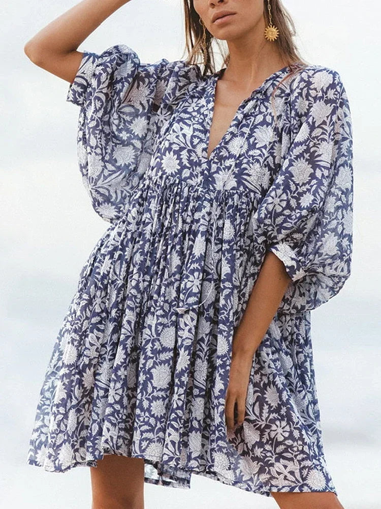 Foridol Lantern Half Sleeve Cyan Bohemian Beach Midi Loose Dress Summer for Women Tie Up Casual Floral Holiday Midi Vestidos