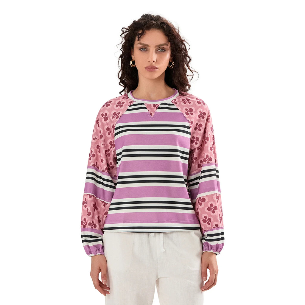 Loose Knitted Tops Women Contrast Color Stripe Floral Print Long Sleeve Pullovers Fall Winter Casual Jumpers