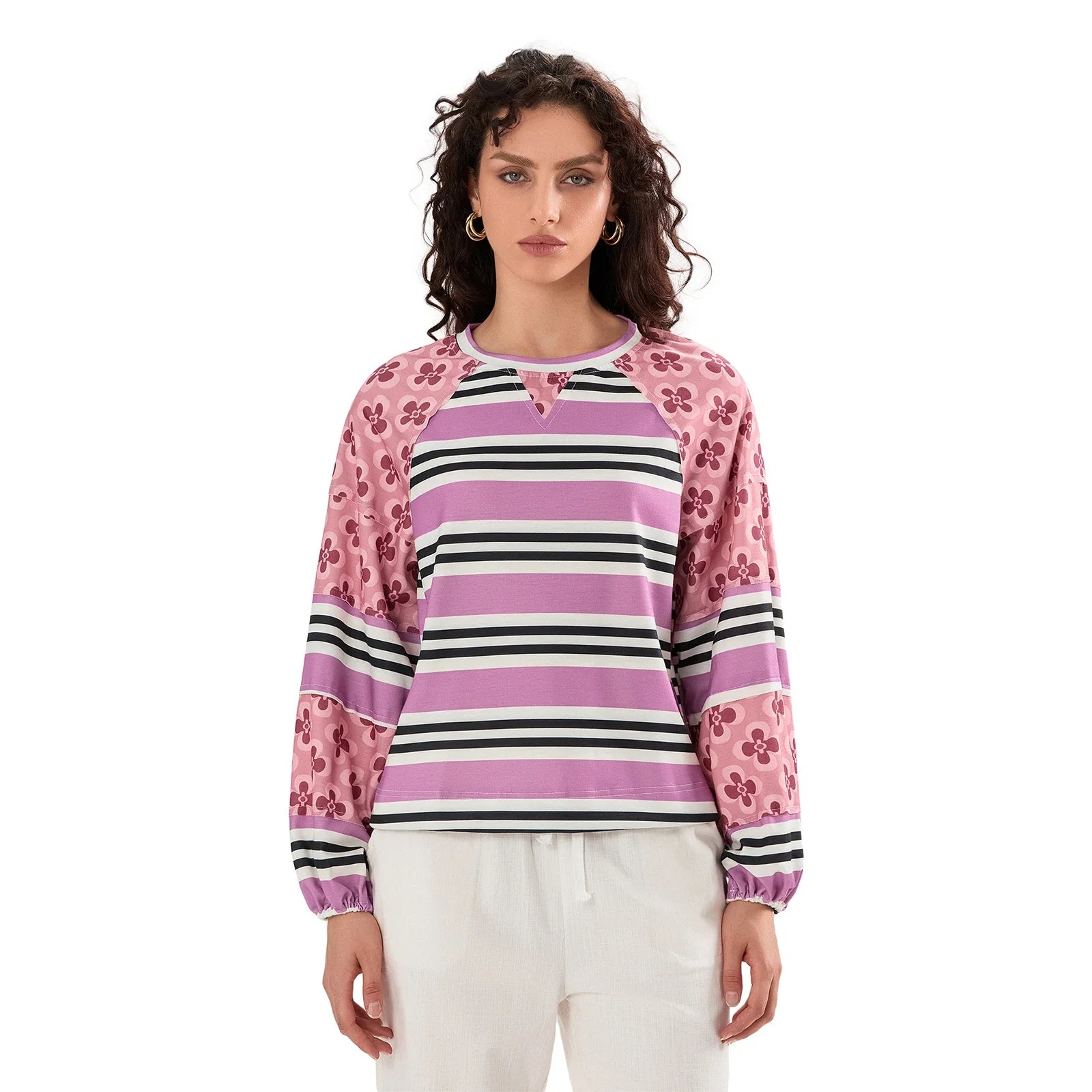 Loose Knitted Tops Women Contrast Color Stripe Floral Print Long Sleeve Pullovers Fall Winter Casual Jumpers