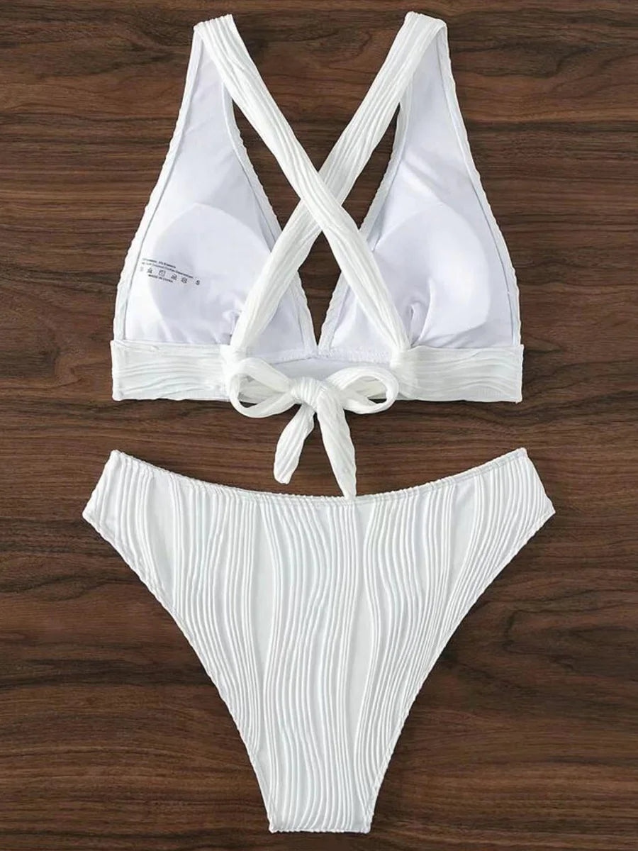 Wrinkled Crinkled Cross Back Bikini Women Swimwear Female Swimsuit Two-pieces Bikini Set High Cut Bathing Suit Swim Beach Wear