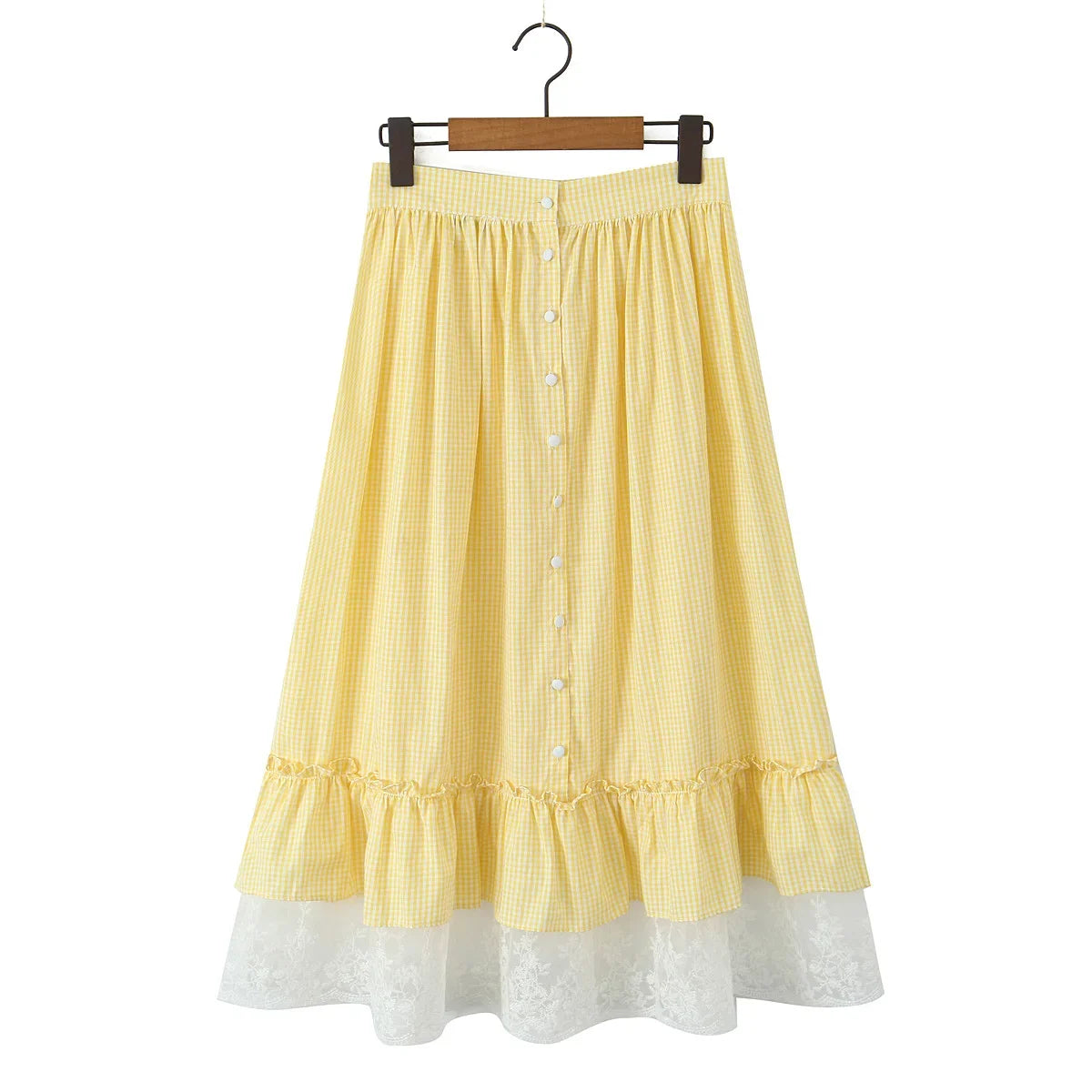 Foridol Gingham Printed Yellow Women Summer Dress Set Lace Top+skirt Sets Vintage French Style Midi Dress Oufits Plaid Vestidos