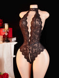 Adult Deep V-neck Hanging Neck Lace Flower Print Lingerie Solid Color Knitted Sexy Backless Underwear Women's Jumpsuit Clothing