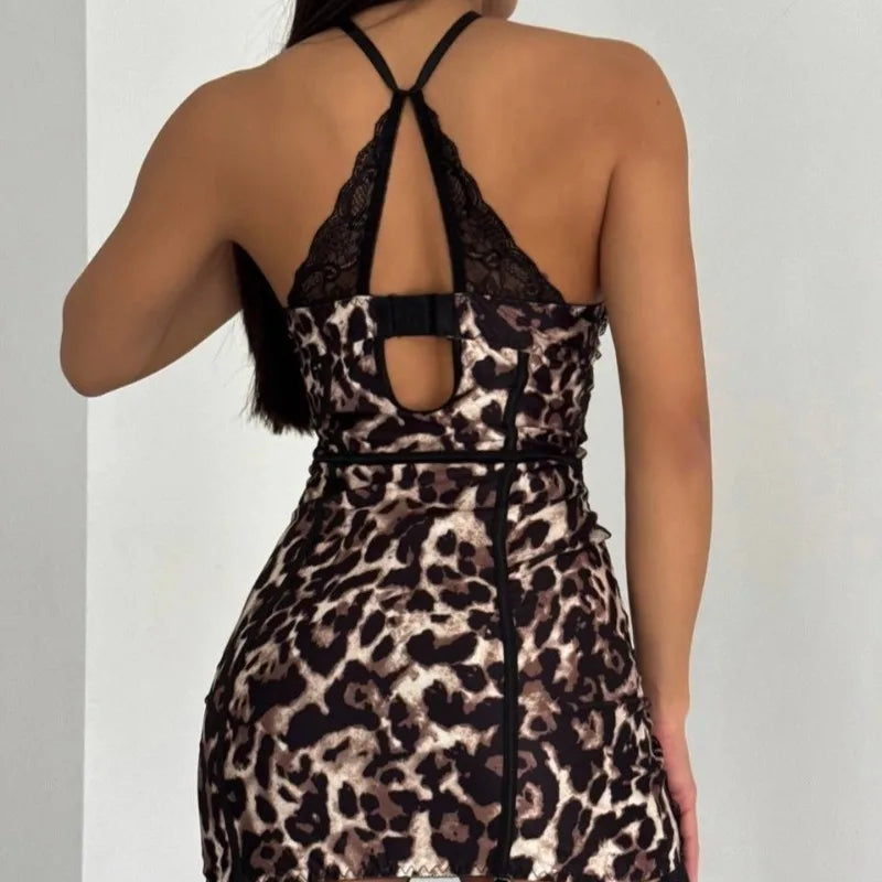 Toucheart Erotic Leopard Print Dress with Stockings Lace Patchwork Hollow Out Steel Ring Gather Together Women Seductive Dress