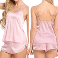 Women's Satin Pajama Set Sexy Sleepwear 2 Piece Loungewear V Neck Cami Top and Shorts Nightwear Solid Color Silk Pjs