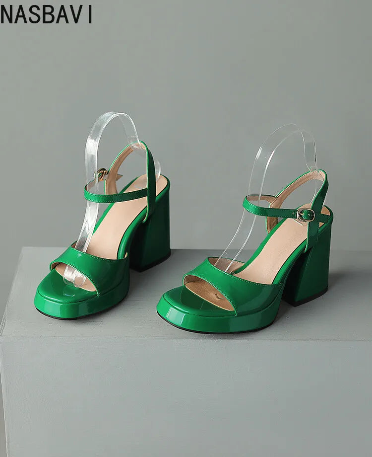 NASBAVI Women Patent Leather Sandals Super Chunky High Heeled Ankle Buckle Shoes Platform Summer Thick Heel Sandal Ladies 35-43