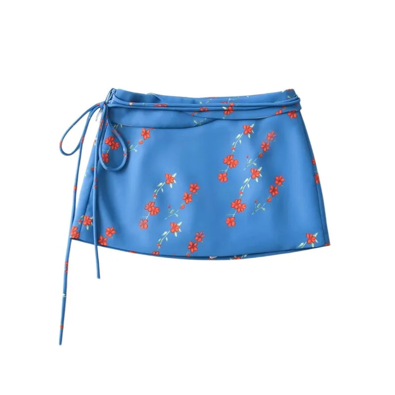 Vacation Vietnam Low-waist Cross-strap Mini Skirt For Women Summer Fresh Print Slim-fit Bodycon Ultra-short Skirt Elegant H1YO