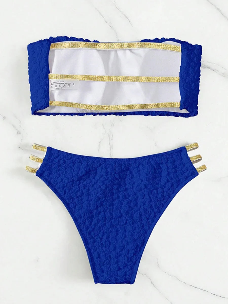XS - L Wrinkled Strappy Bandeau High Waist Bikini Female Swimsuit Women Swimwear Two-pieces Bikini Set Bather Bathing Suit Swim