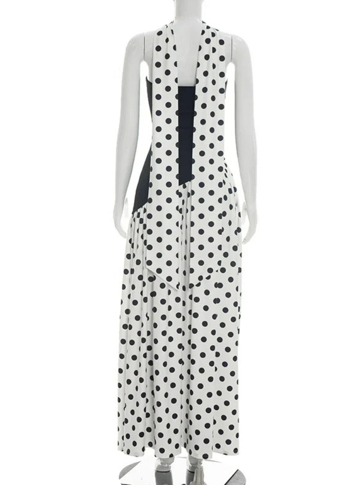 FDYOUI Elegant Bandage Polka Dot Patchwork Evening Dresses Women's 2026 Summer Off Shoulder High Slit Pleated Long Party Dress