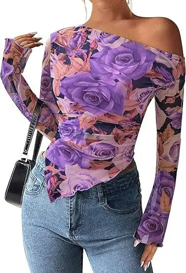 Women's Off-Shoulder Ruffled Sleeve Long-Sleeve Top with Asymmetrical Tie-Dye Mesh Asymmetrical Pleated Floral Print T-Shirt