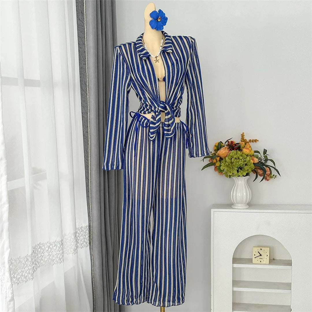 4PCS Striped With Long Sleeve Pants Bikini Female Swimsuit Women Swimwear Bather Bathing Suit Swim Four-pieces Bikini set K8072