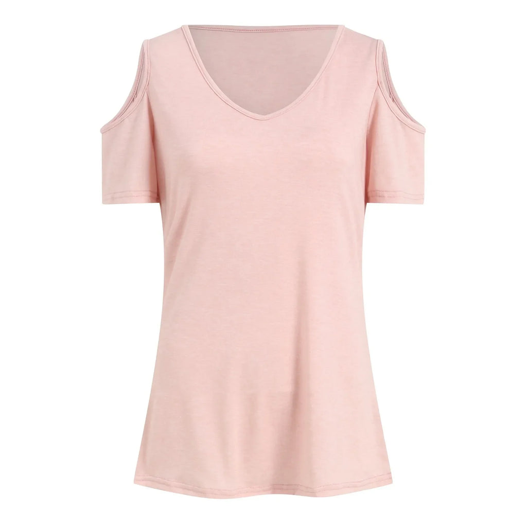 Women V Neck Cold Shoulder Short Sleeve T Shirt Soft Loose Fit Solid Color Basic Tees Spring Summer Casual Daily Streetwear 2026