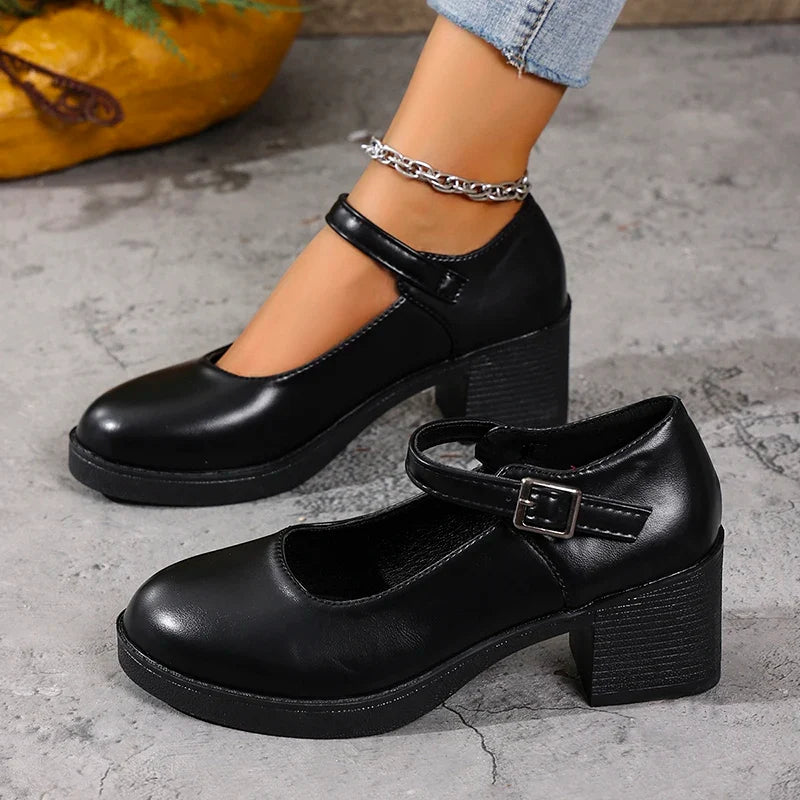 Plus Size 42 Black Thick Heels Pumps Women Classic Pu Leather Platform Mary Jane Shoes Woman Ankle Buckle Office High Heel Shoes
