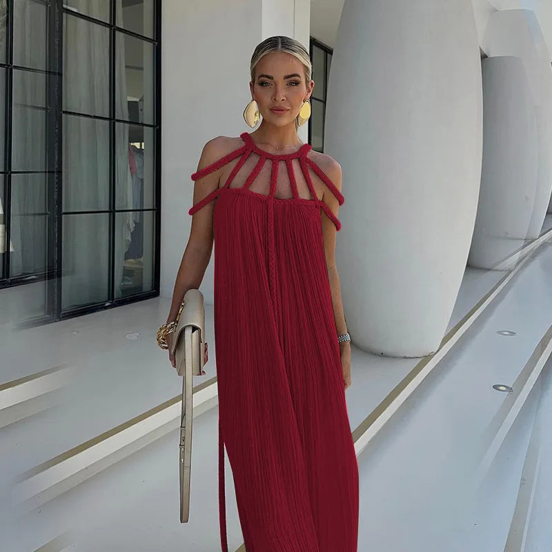 Summer Sleeveless Party Dress, Women Loungewear O-Neck Hollow Out Party Dress, Solid Color Patchwork Beach Style Ladies Dress