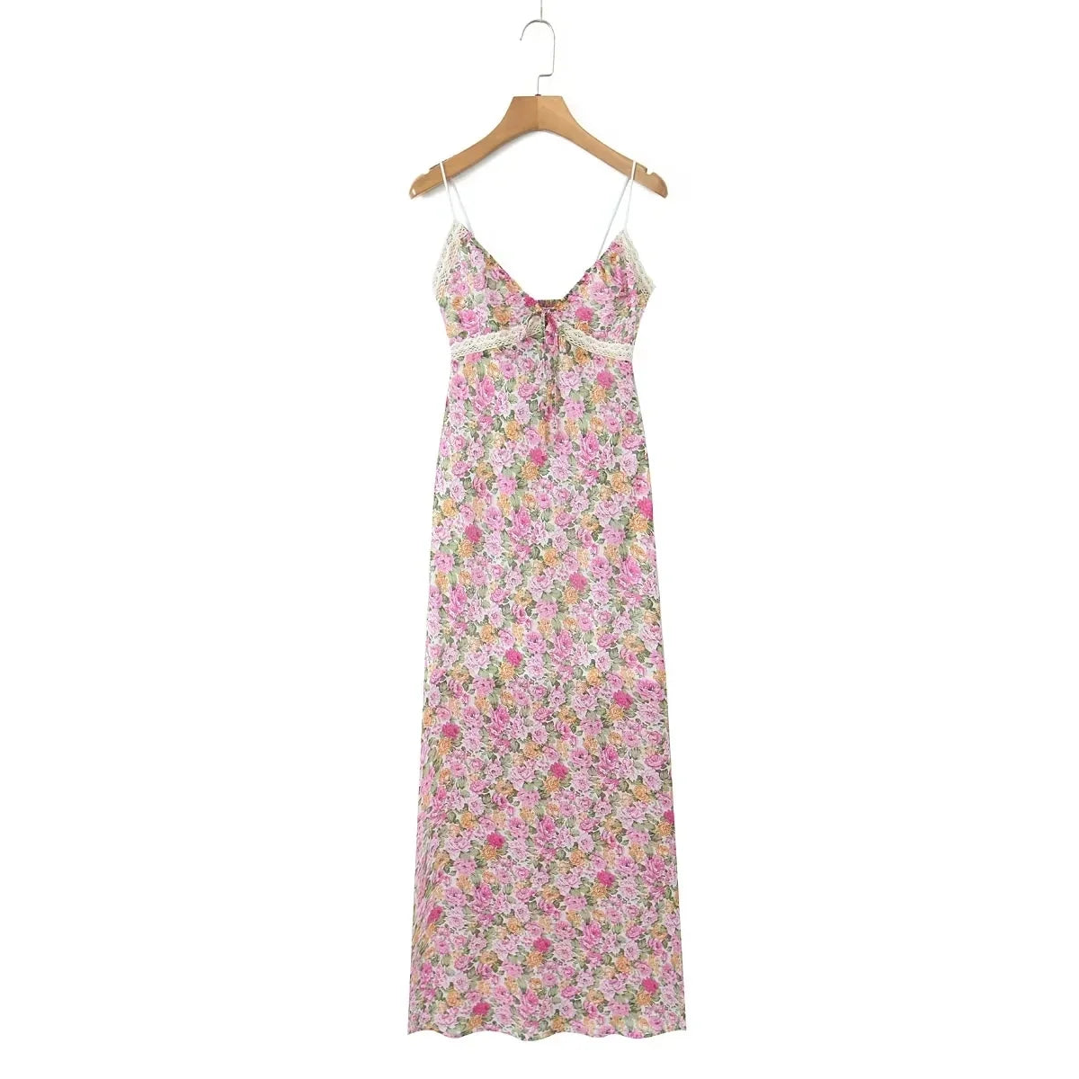 Lace Decoration Pink Floral Maxi Long Sundress Women's Dress 2025 Spaghetti Strap V Neck Smocked Boho Straight Boho Dress
