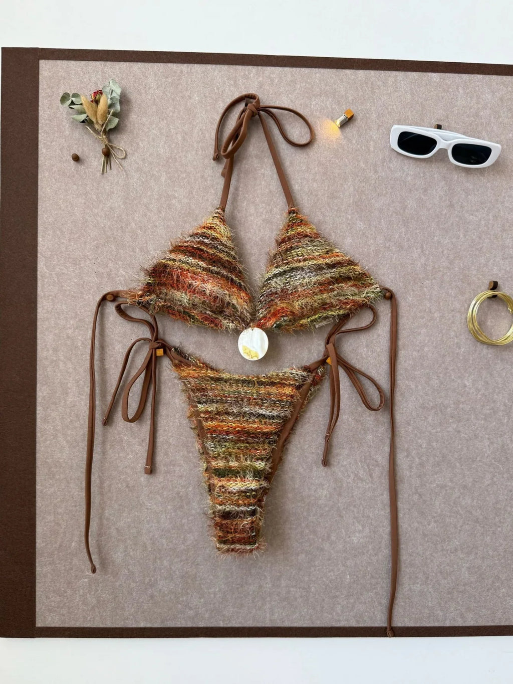 Sexy Coffee Striped Micro Bikini 2026 Women Towel Cloth Circle Push Up Bra Tie Side Thong Swimsuit Bathing Suit Holiday Swimwear