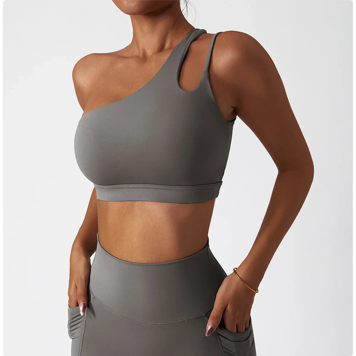 Comfort Single Strap Yoga Bra Chest Pad Running Sports Bra Gym Top Women Stretch Pull Up Underwear Women Vest Fitness Tank Top