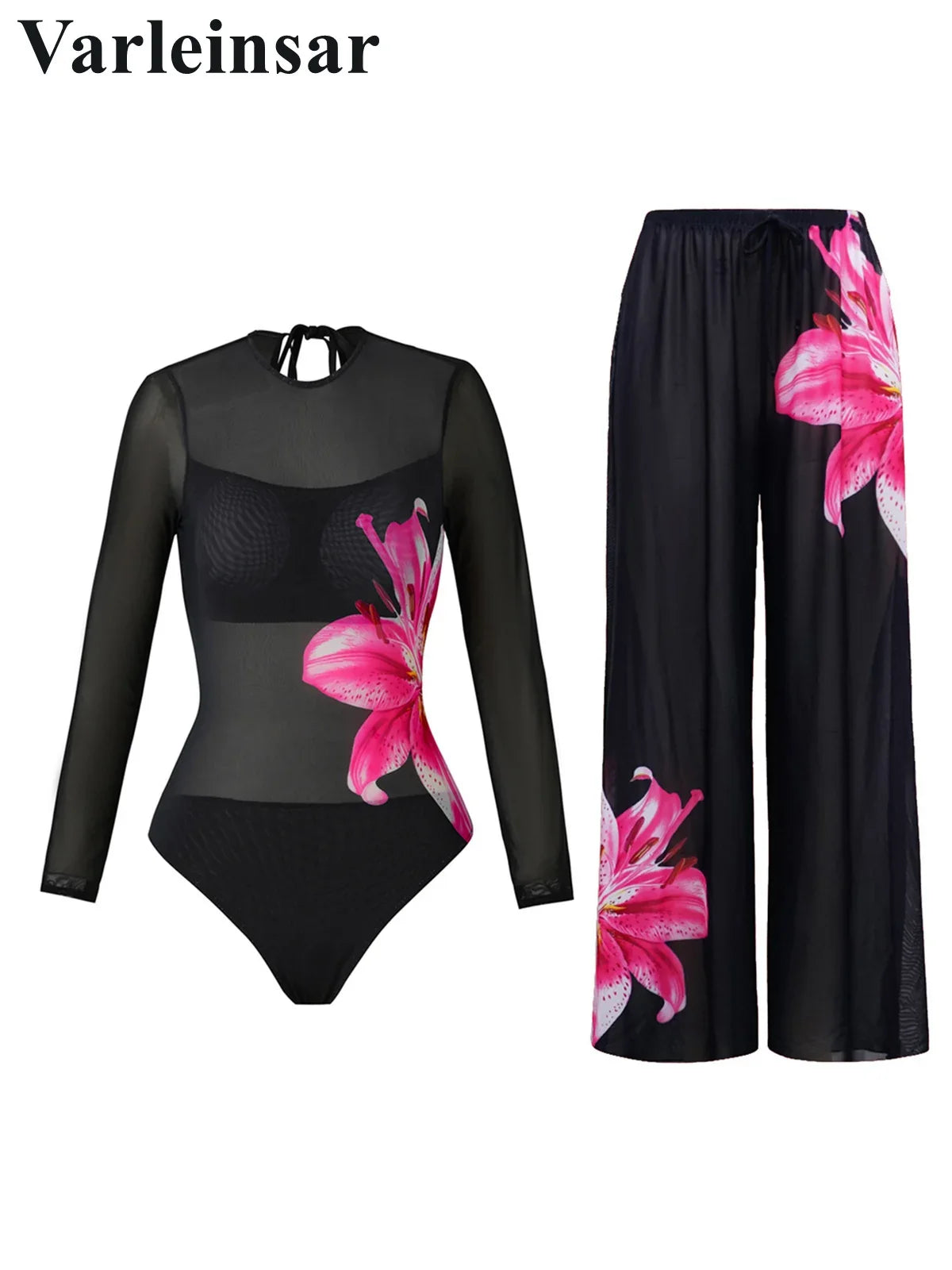 S - XL New Flower Printed Floral Long Sleeve With Pants One Piece Swimsuit Women Swimwear Female Bather Bathing Suit Swim V7099