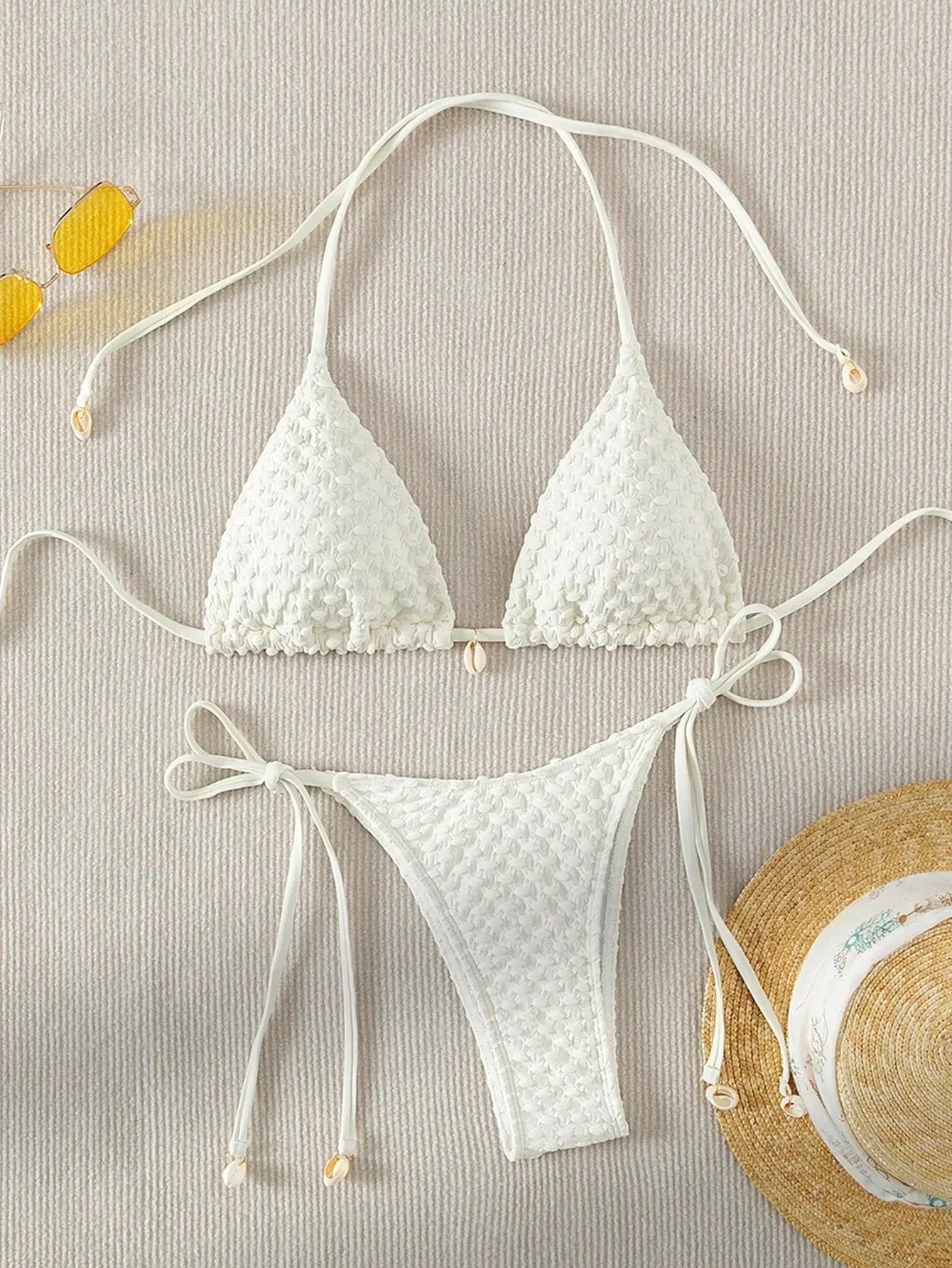 Sexy Bikini Set Shell Designer Swimsuit 2025 White Black Push Up Micro Bikinis Summer Bathing Suit Tie Side Triangle Swimwear