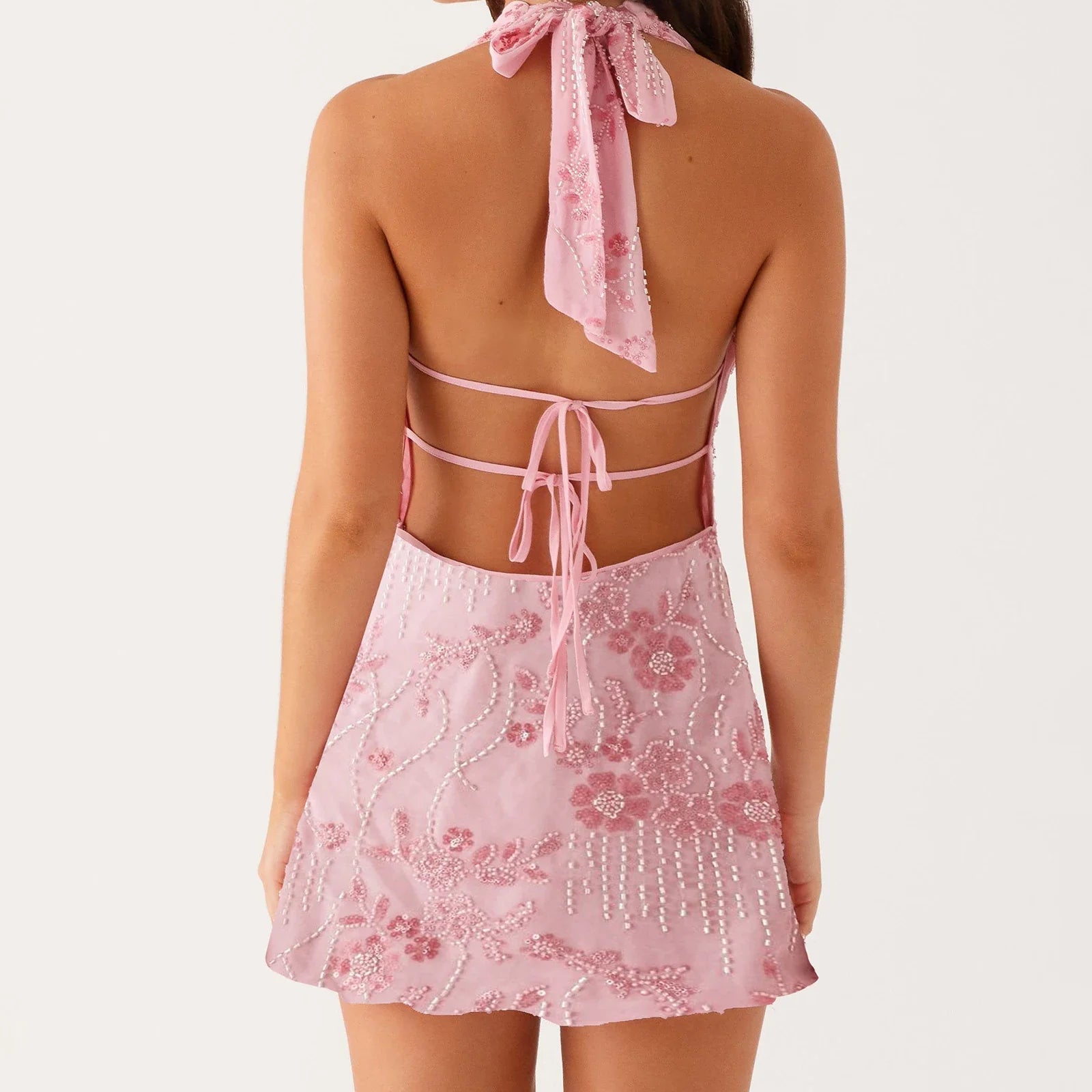 Beading Glitter Sexy Halter Women Mini Dress Sleeveless Cross Backless Slit Summer Floral Short Dress for Club Party Vestidos