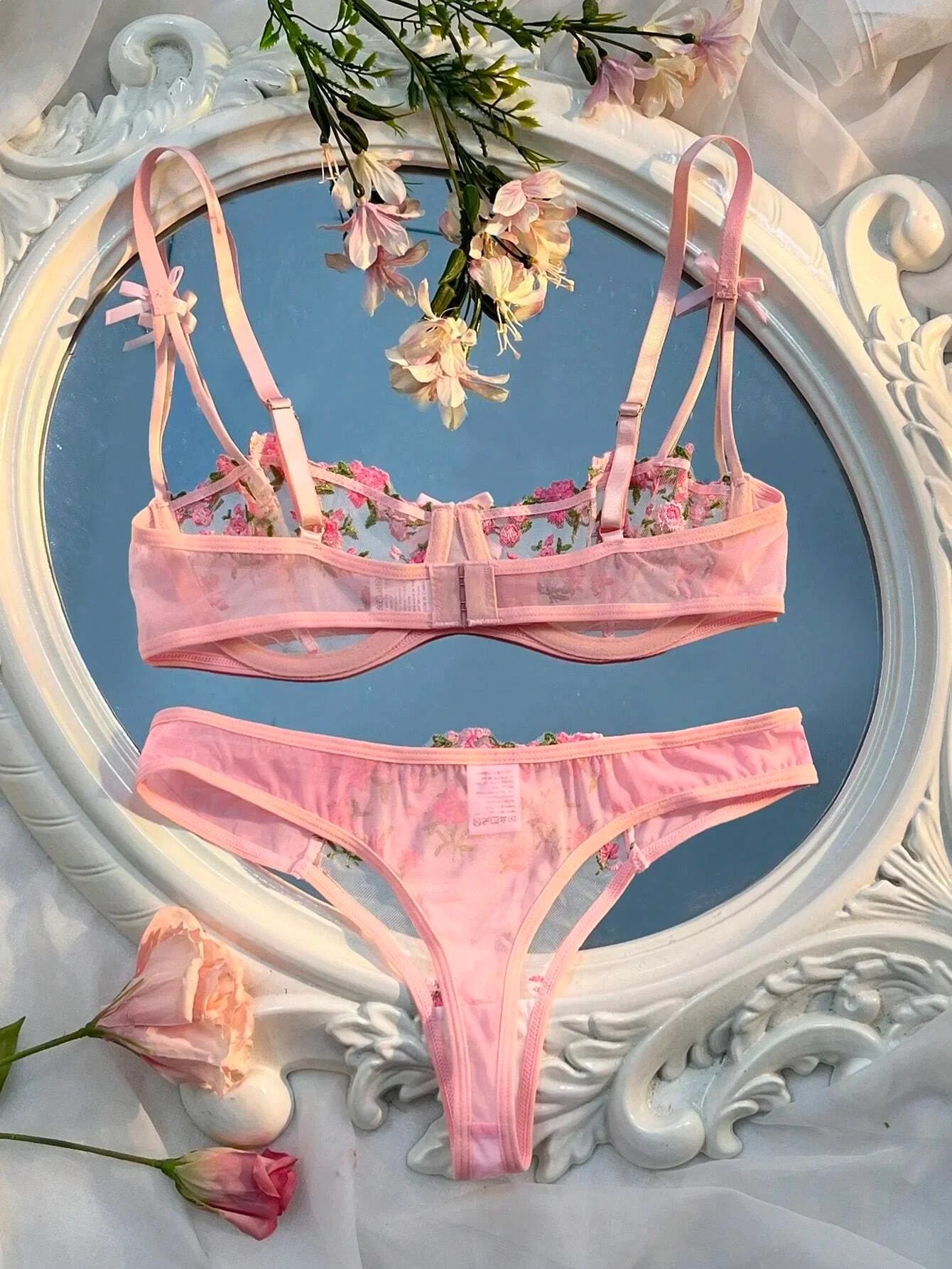 New Pink Transparent Bra Women Sheer Temptation Exotic Sexy Lingerie Set Ladies Embroidery Floral Bras Erotic Underwear Sets