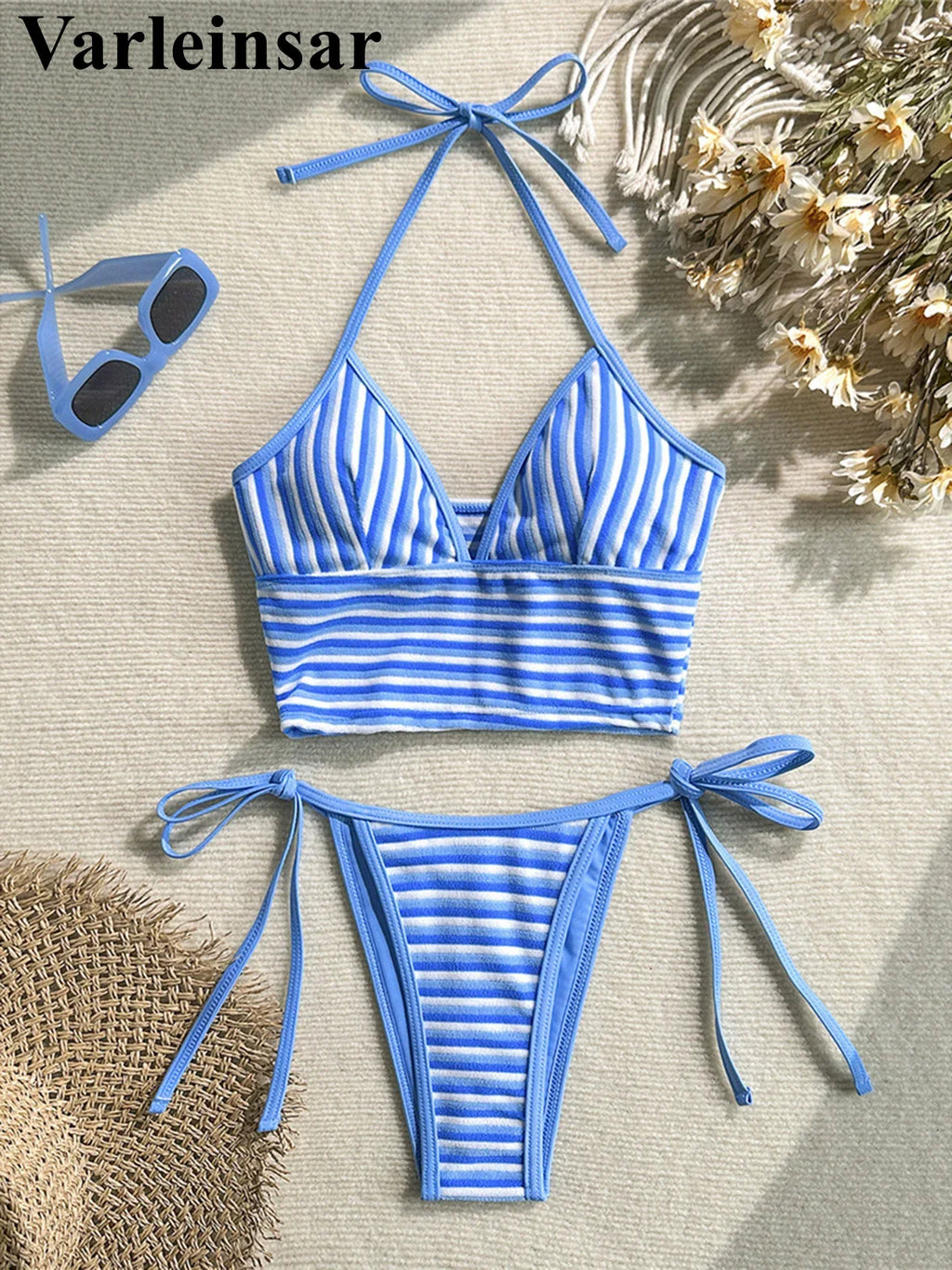 Striped Halter Tankini V Neck Bikini Women Swimwear Female Swimsuit Two-Pieces Bikini Set Padded Bather Bathing Suit Swim V8385