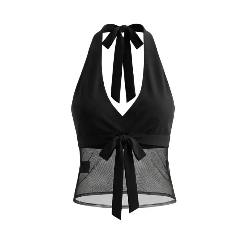 Vietnamese Sexy Halter Neck Strap Tank Top Feminine Mesh Transparent Slim Fit Large Open Back Short Camisole Top Casual RUKJ