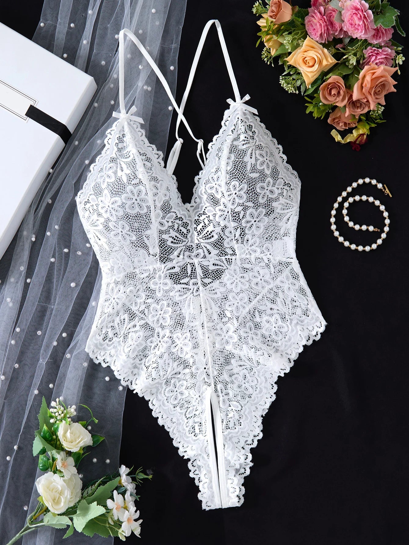 White Embroidered Lace Falafan Dress Set - Sexy Lingerie for Women - Sexy Bra Set with Strap Design on the Back 21077