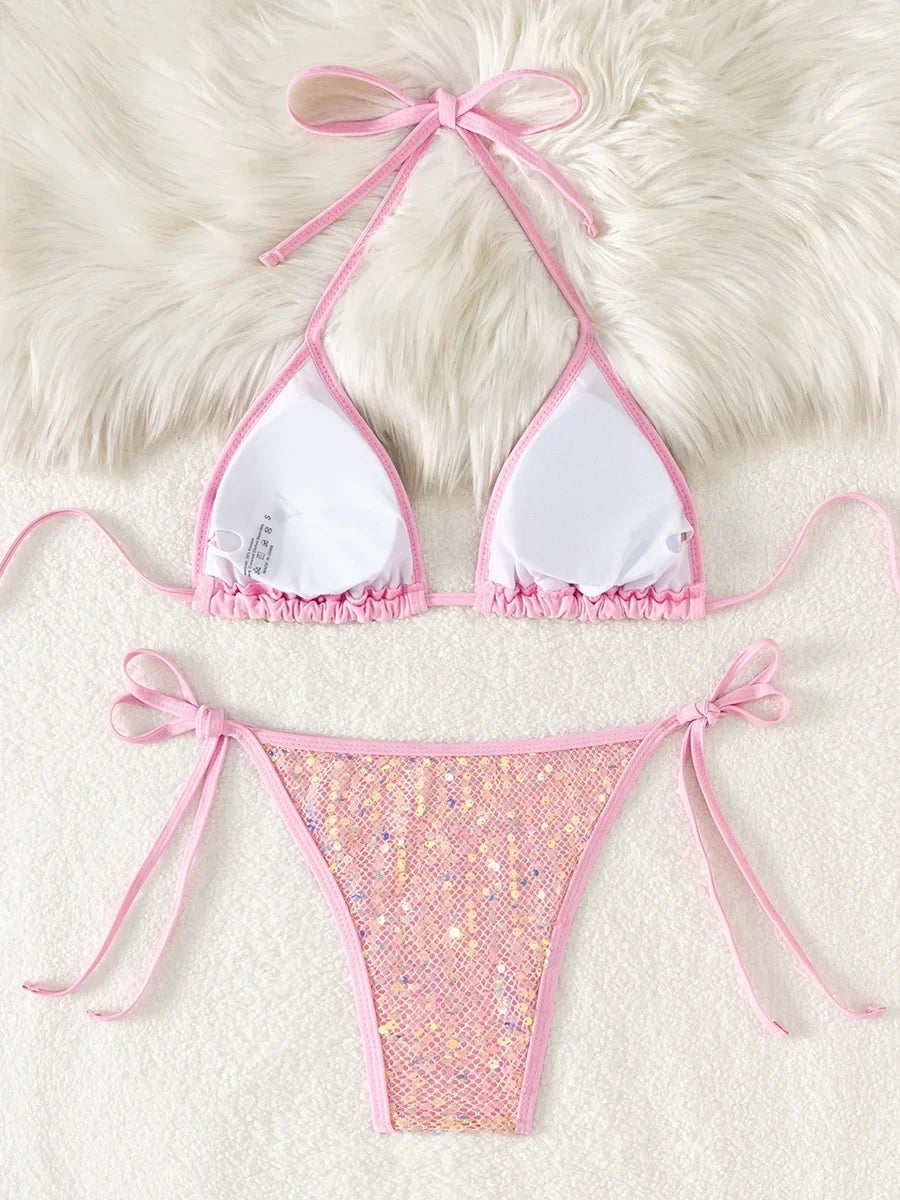 Sparkling Sequins Halter High Leg Cut Bikini Women Swimwear Female Swimsuit Two-pieces Bikini Set Bather Bathing Suit Swim Lady