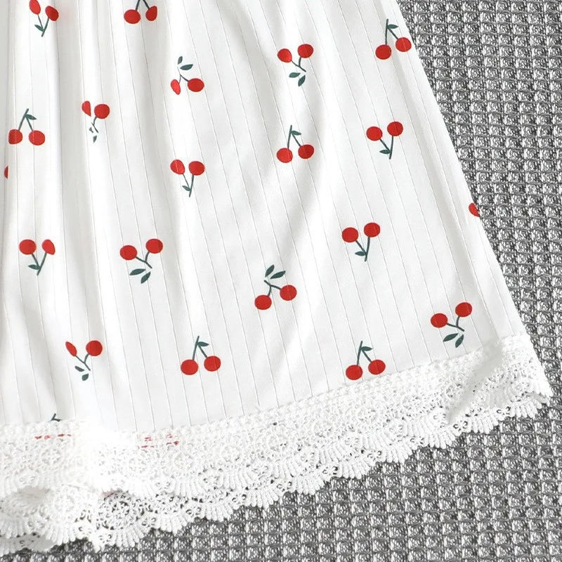 Women's V-Neck Lace Cherry Blossom Pajama Set, Soft Comfortable 2-Piece Loungewear Sleepwear for Spring and Summer