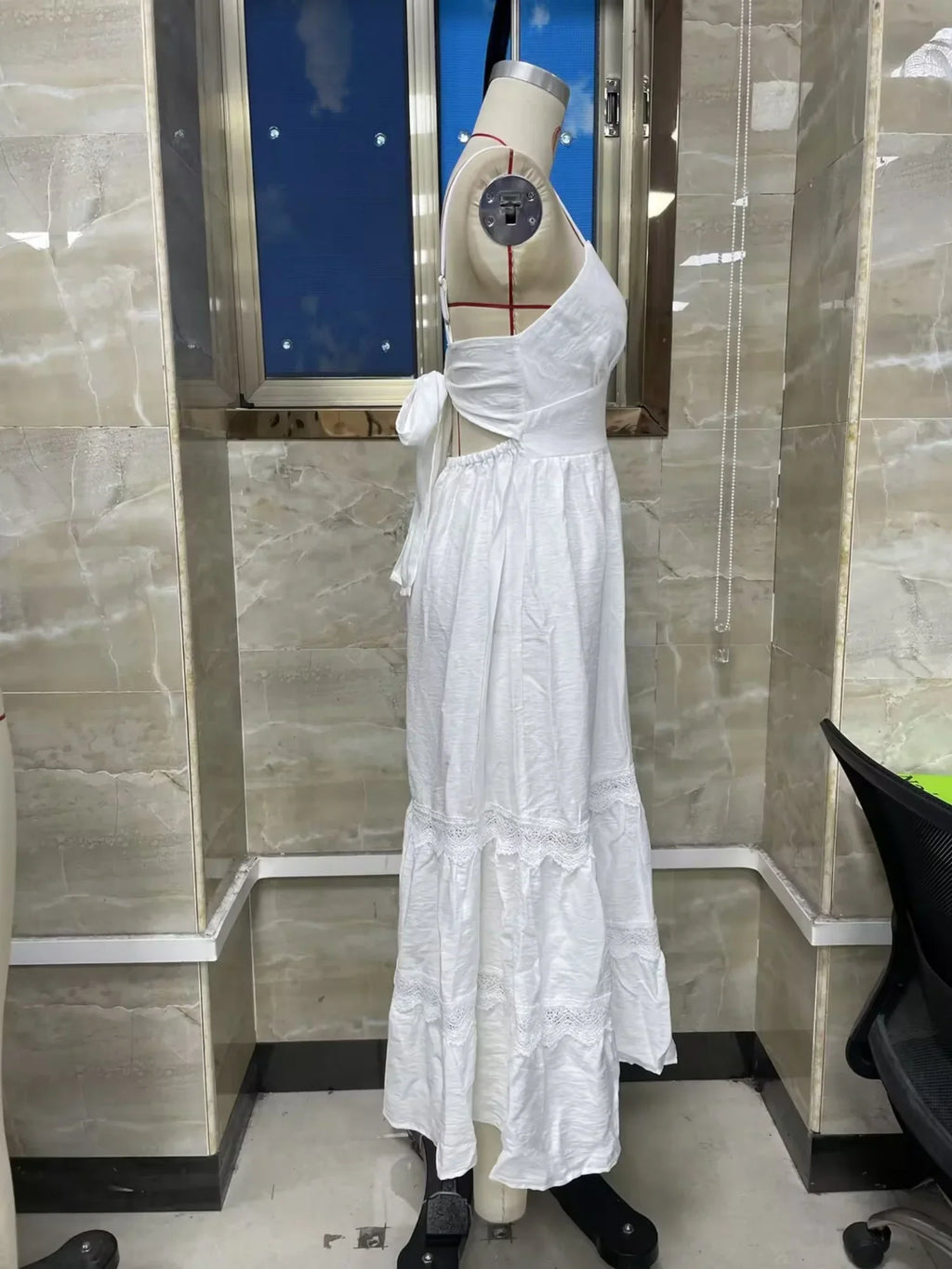 Women Summer Long Cami Dress French Style Lace Trim Back Tie Bow Spaghetti Strap A-line Tiered Dresses for Daily Vacation Travel