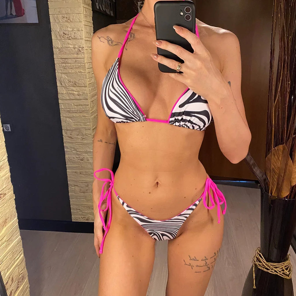 Sexy Leopard Printed Halter Brazilian Bikini Women Swimwear Female Swimsuit Two-Piece Bikini Set Bather Bathing Suit Swim V3681