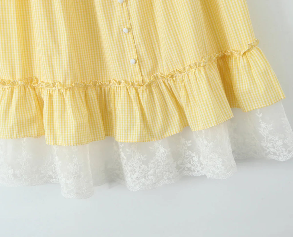 Foridol Gingham Printed Yellow Women Summer Dress Set Lace Top+skirt Sets Vintage French Style Midi Dress Oufits Plaid Vestidos